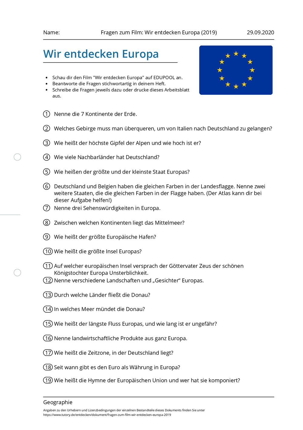 Arbeitsblatt - Fragen zum Film: Wir entdecken Europa (2019