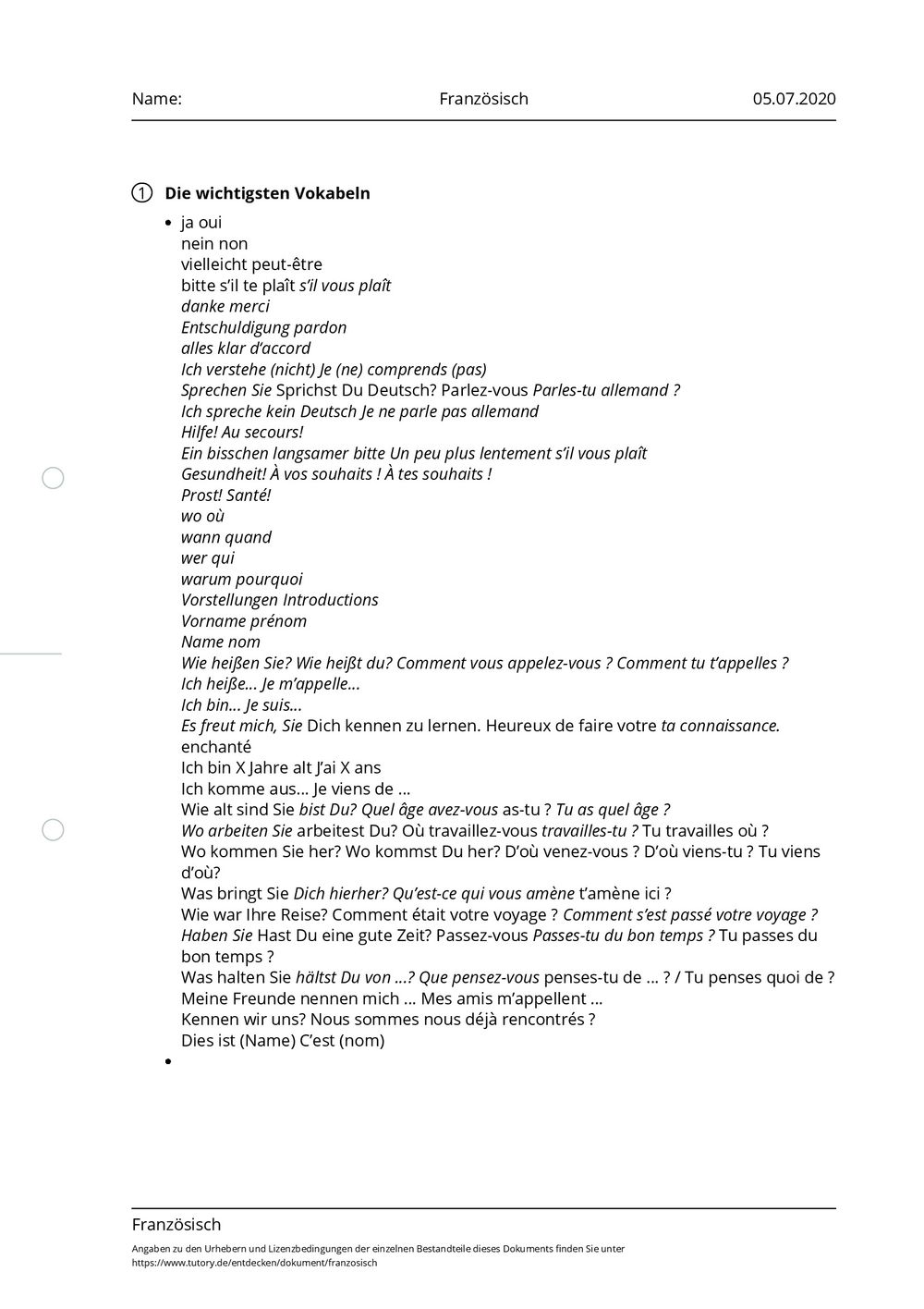 Arbeitsblatt Französisch Französisch tutory.de