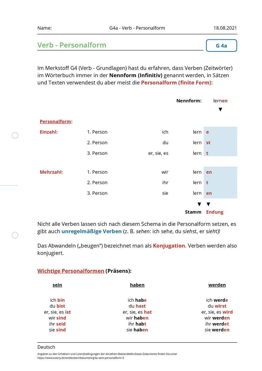 Arbeitsblatt G4a Verb Personalform Deutsch tutory.de Arbeitsblatt G4a Verb Personalform Deutsch tutory.de