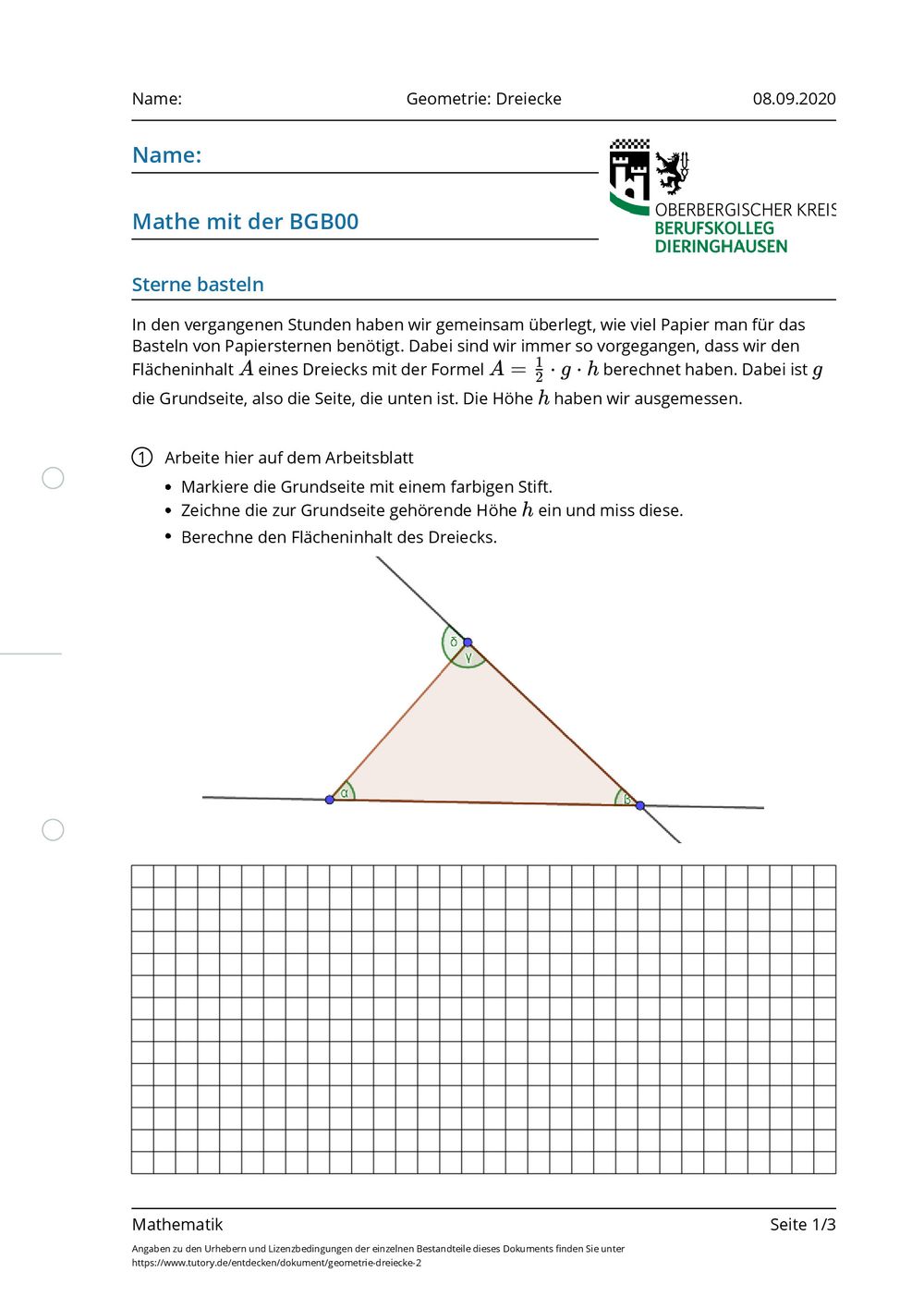 Dreiecke Konstruieren Aufgaben Mit Lösungen Pdf Arbeitsblatt - Geometrie: Dreiecke - Mathematik - tutory.de