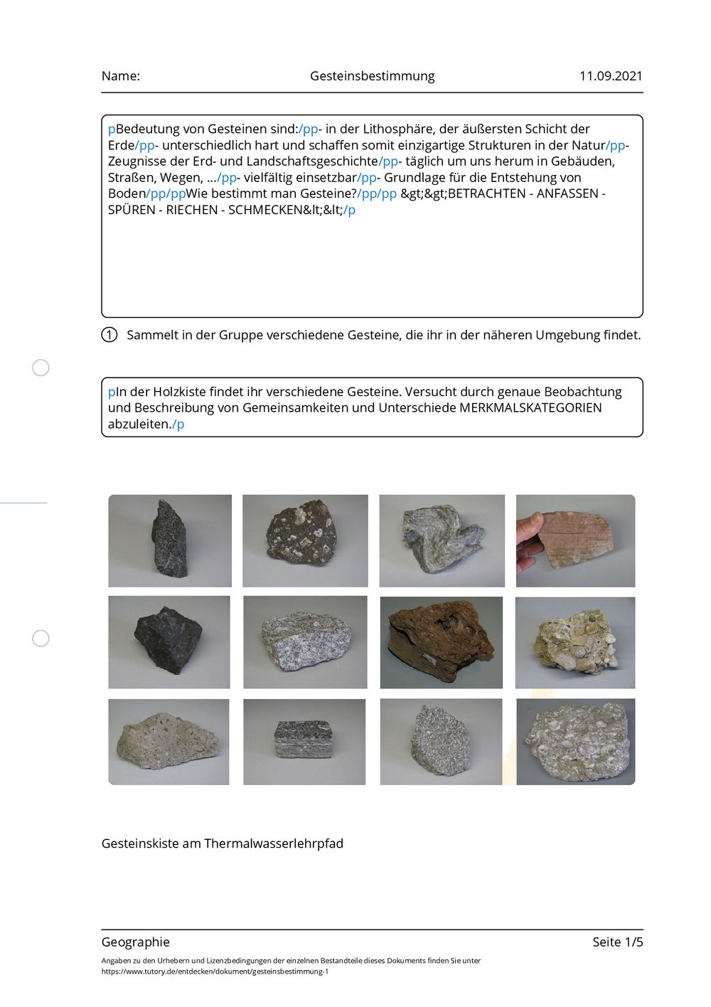 Arbeitsblatt - Gesteinsbestimmung - Geographie - tutory.de
