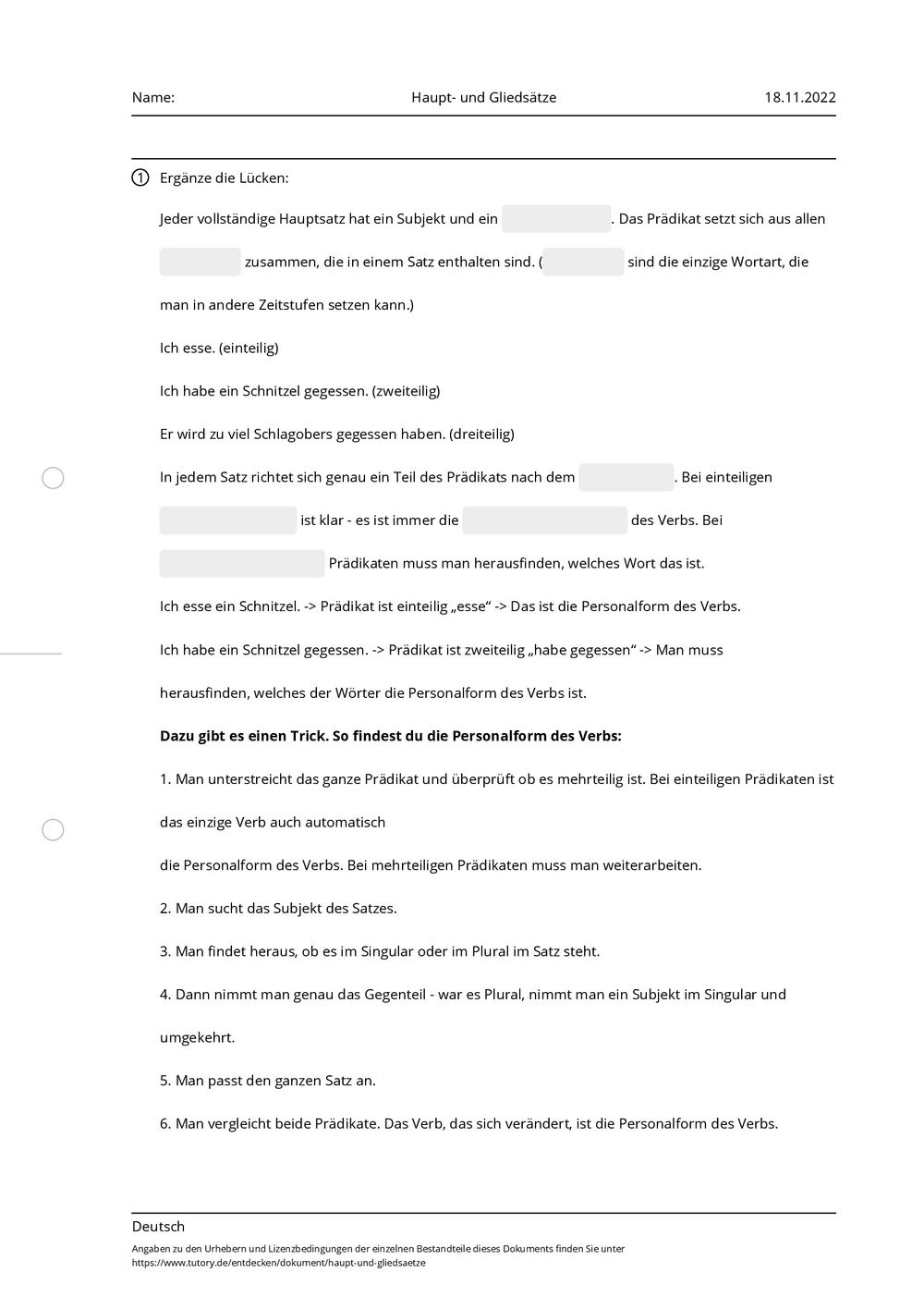 Hauptsatz Und Nebensatz übungen Mit Lösungen Pdf Arbeitsblatt - Haupt- und Gliedsätze - Deutsch - tutory.de