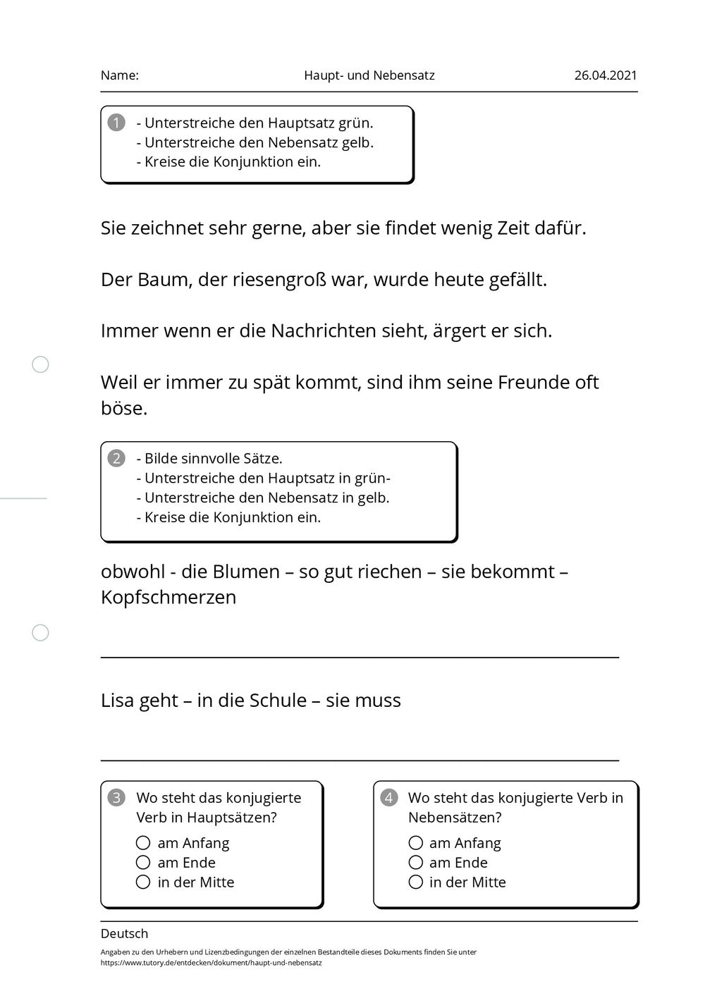 Hauptsatz Und Nebensatz übungen Mit Lösungen Arbeitsblatt - Haupt- und Nebensatz - Deutsch - tutory.de