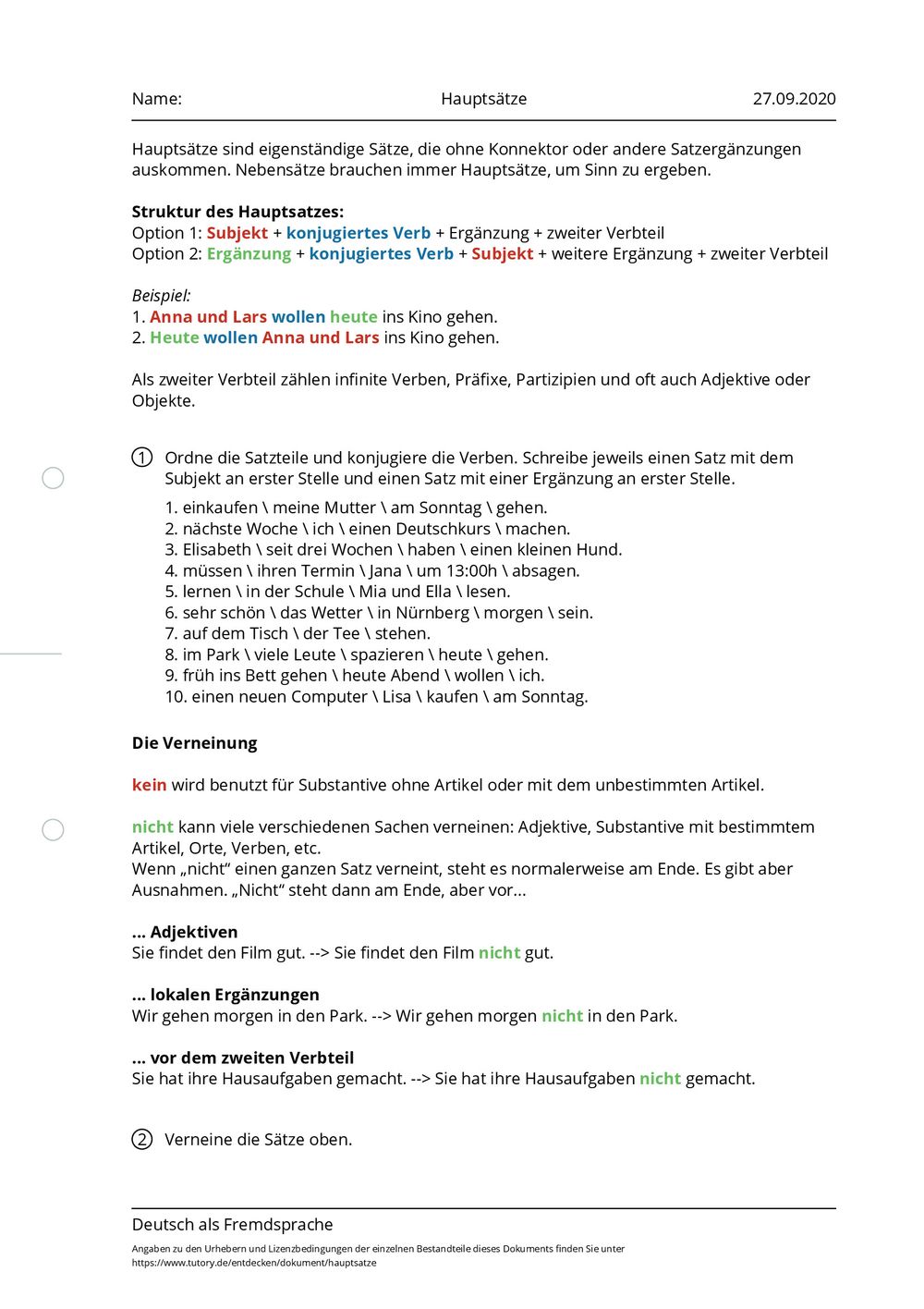 Arbeitsblatt Hauptsätze Deutsch als Fremdsprache tutory.de