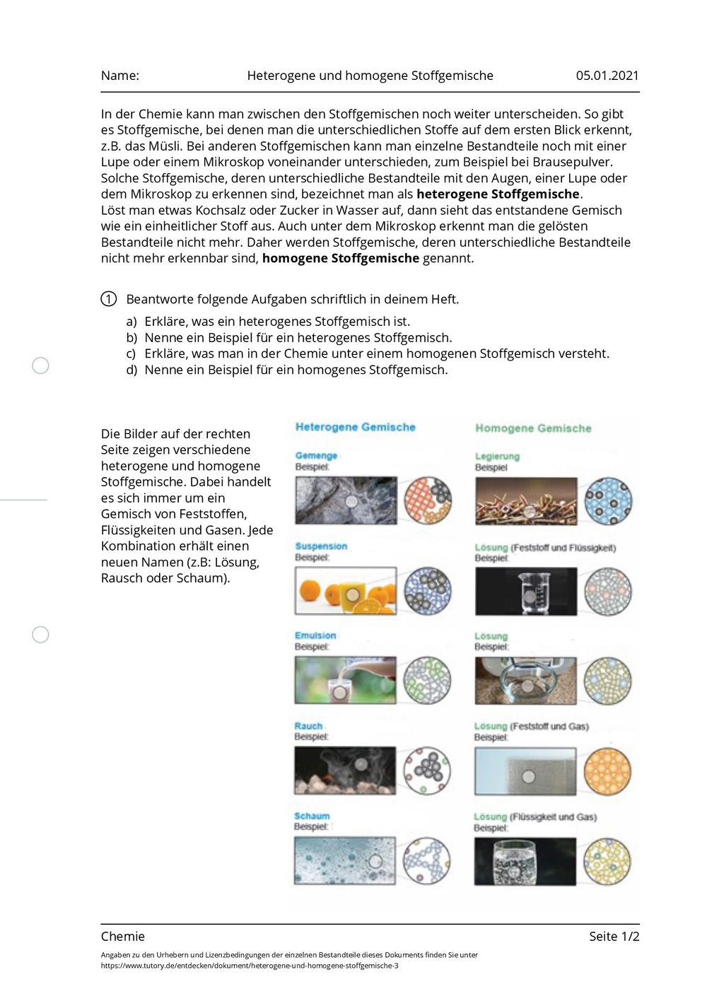 Arbeitsblatt - Heterogene und homogene Stoffgemische - Chemie - tutory.de