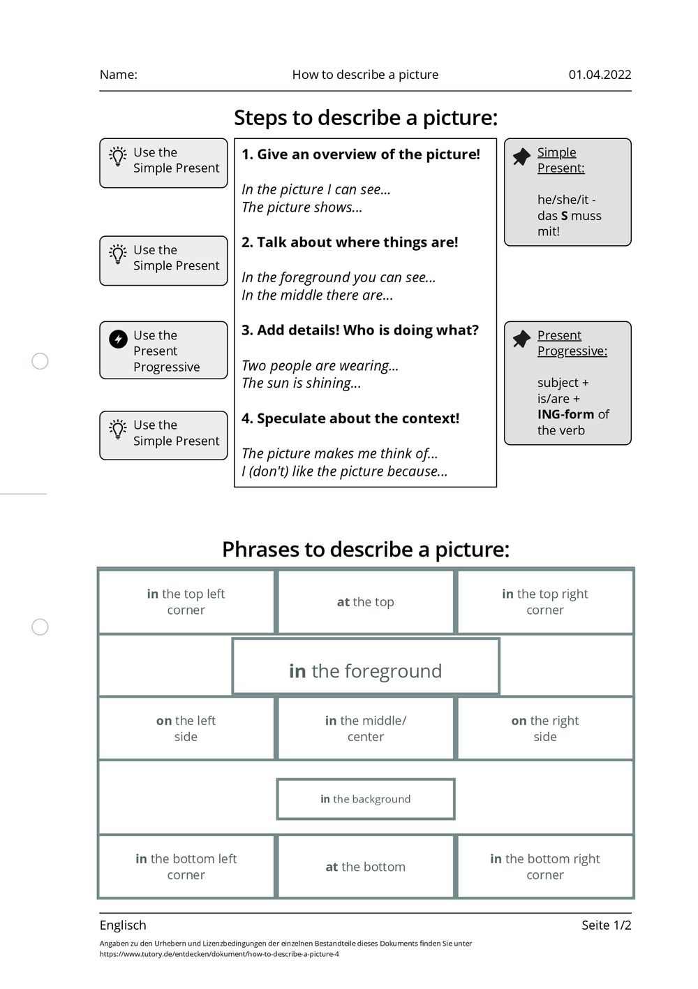 Arbeitsblatt how to describe a picture englisch tutory de
