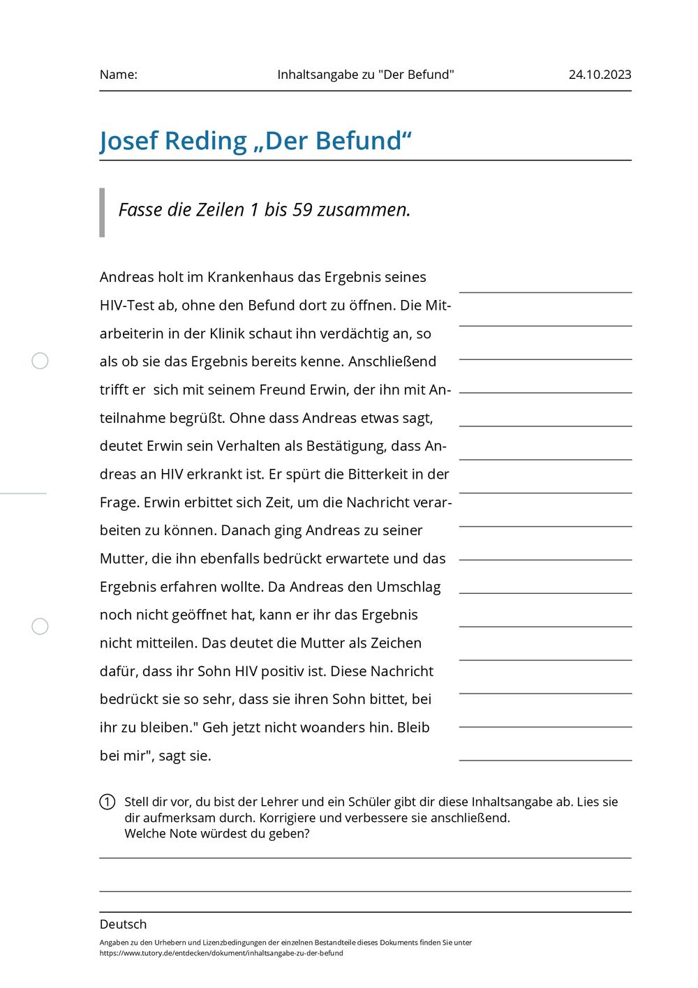 Der Barbierjunge Von Segringen Inhaltsangabe Arbeitsblatt - Inhaltsangabe zu "Der Befund" - Deutsch - tutory.de