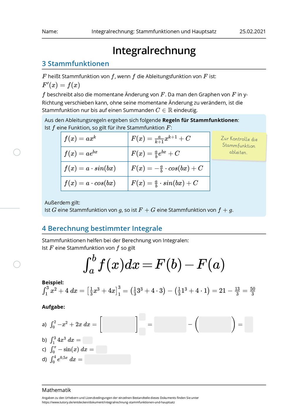 Arbeitsblatt Integralrechnung Stammfunktionen und Hauptsatz Mathematik tutory.de