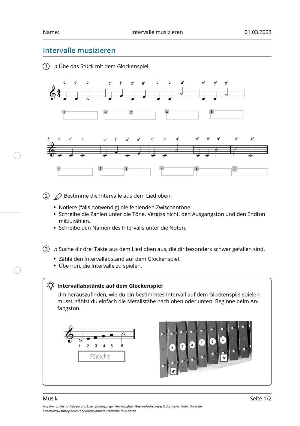 Arbeitsblatt - Intervalle musizieren - Musik - tutory.de
