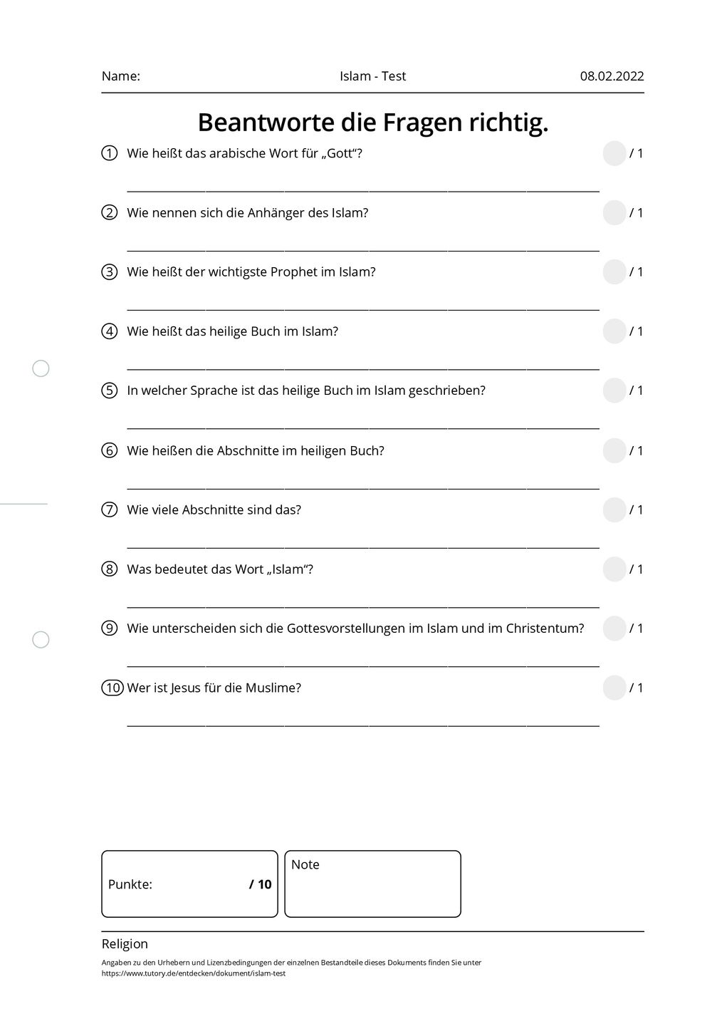 Arbeitsblatt Islam Test Religion tutory.de