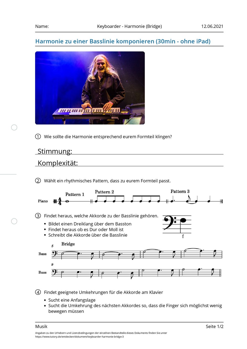 Arbeitsblatt Keyboarder Harmonie (Bridge) Musik tutory.de Arbeitsblatt Keyboarder Harmonie (Bridge) Musik tutory.de