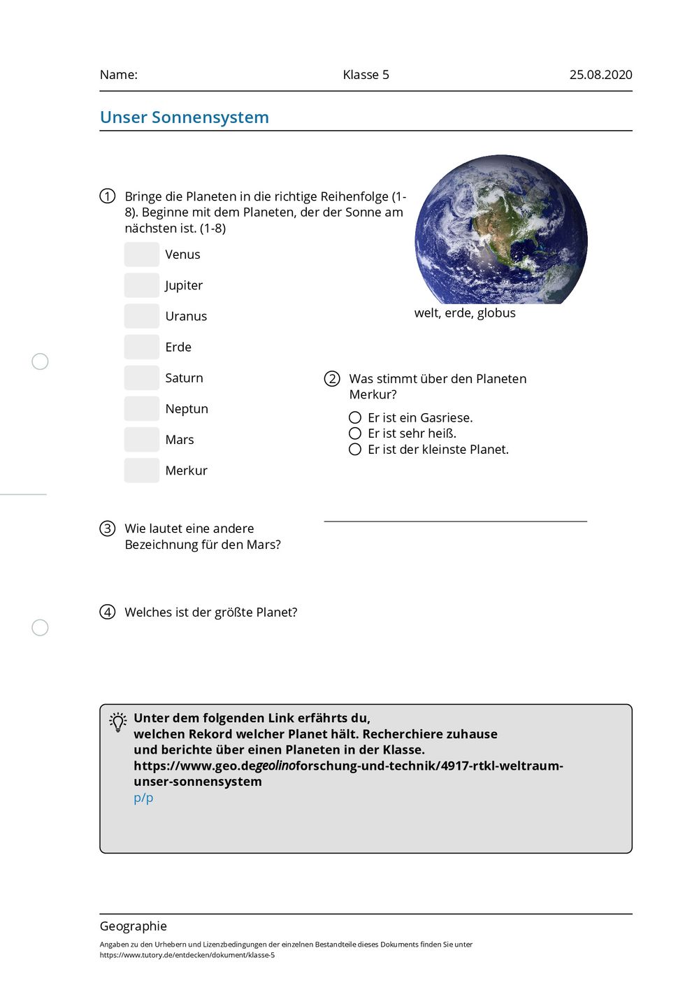 Test Z Geografi Klasa 5 Arbeitsblatt - Klasse 5 - Geographie - tutory.de