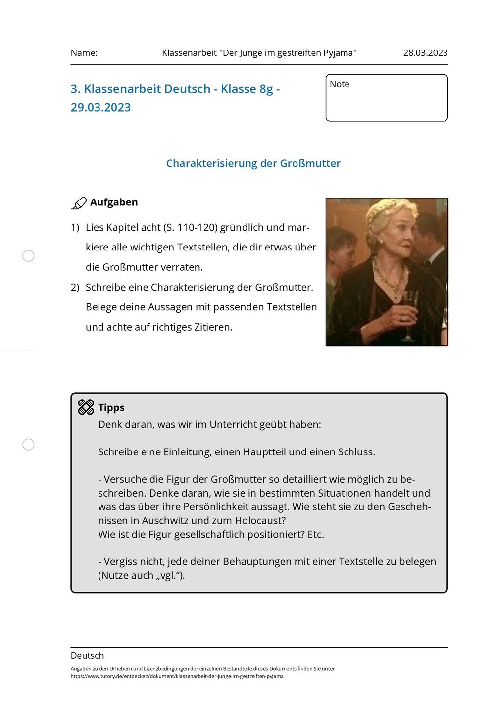 Der Junge Im Gestreiften Pyjama Zusammenfassung Arbeitsblatt - Klassenarbeit "Der Junge im gestreiften Pyjama