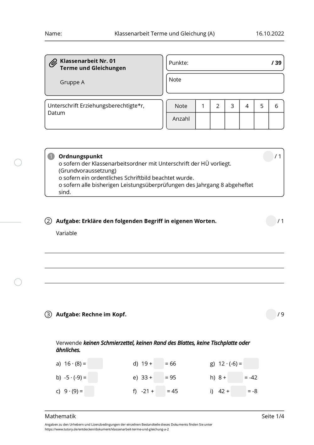 Darf Man 2 Klassenarbeiten An Einem Tag Schreiben Arbeitsblatt - Klassenarbeit Terme und Gleichung (A) - Mathematik