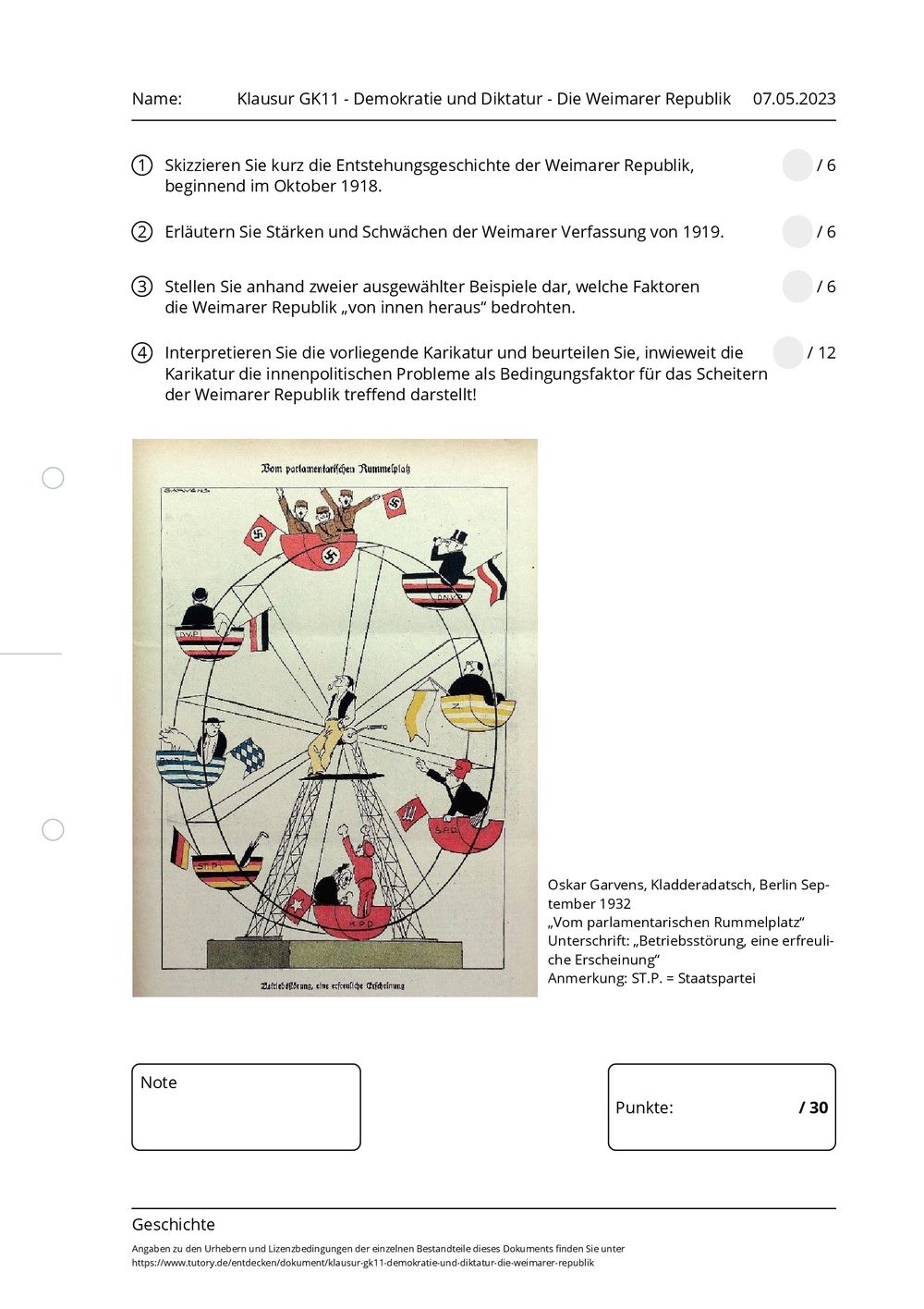 Arbeitsblatt - Klausur GK11 - Demokratie und Diktatur - Die Weimarer Republik - Geschichte ...