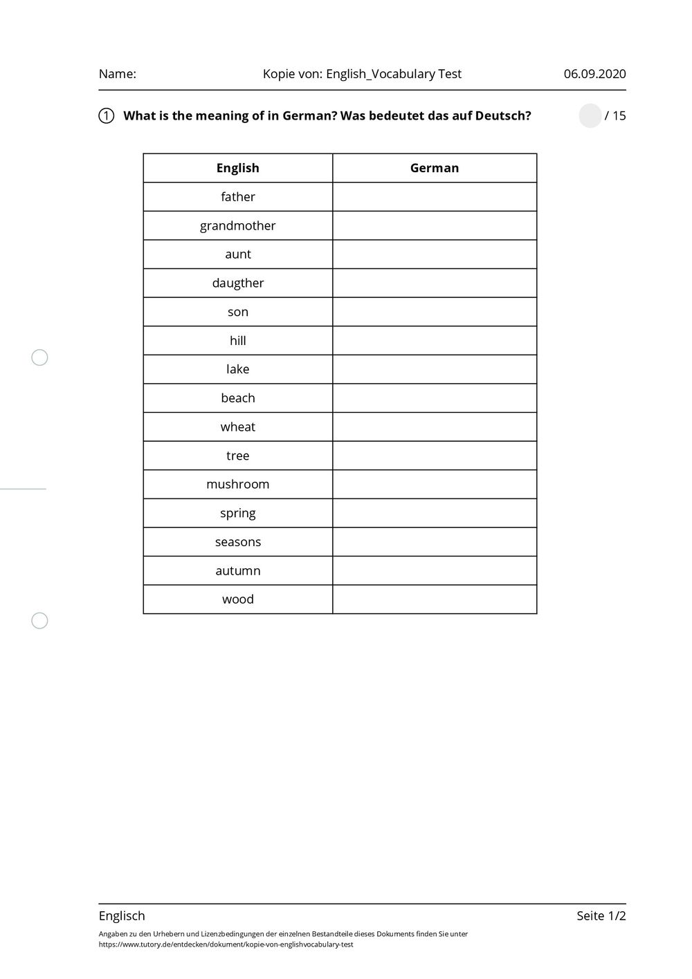 Arbeitsblatt - Kopie von: English_Vocabulary Test - Englisch - tutory.de