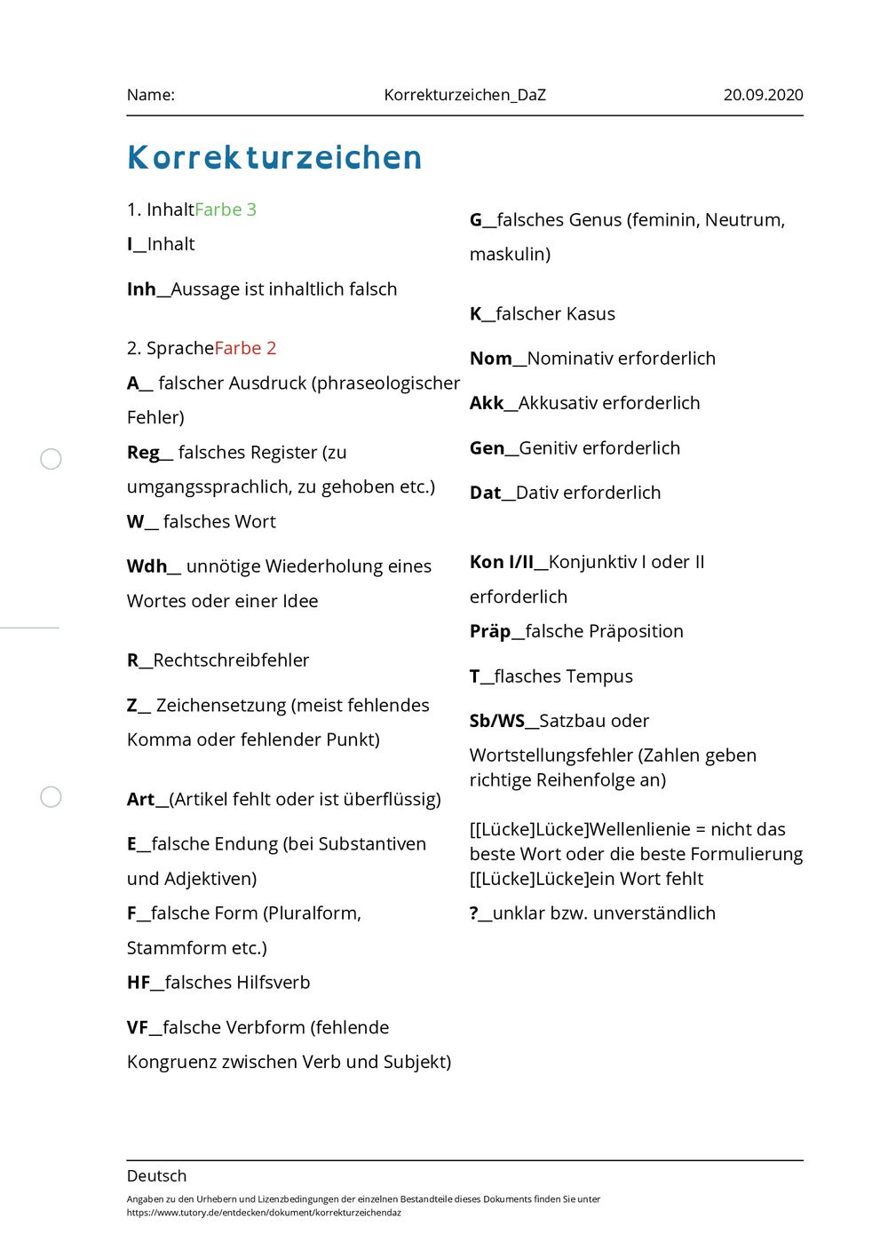 Arbeitsblatt Korrekturzeichen_DaZ Deutsch tutory.de