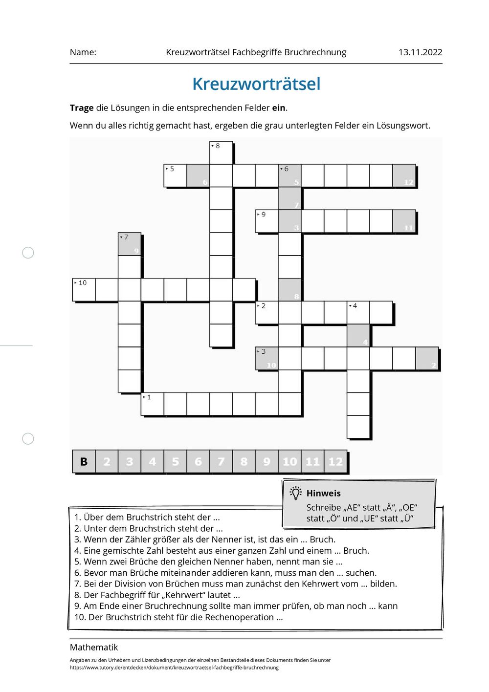 Arbeitsblatt - Kreuzworträtsel Fachbegriffe Bruchrechnung - Mathematik ...