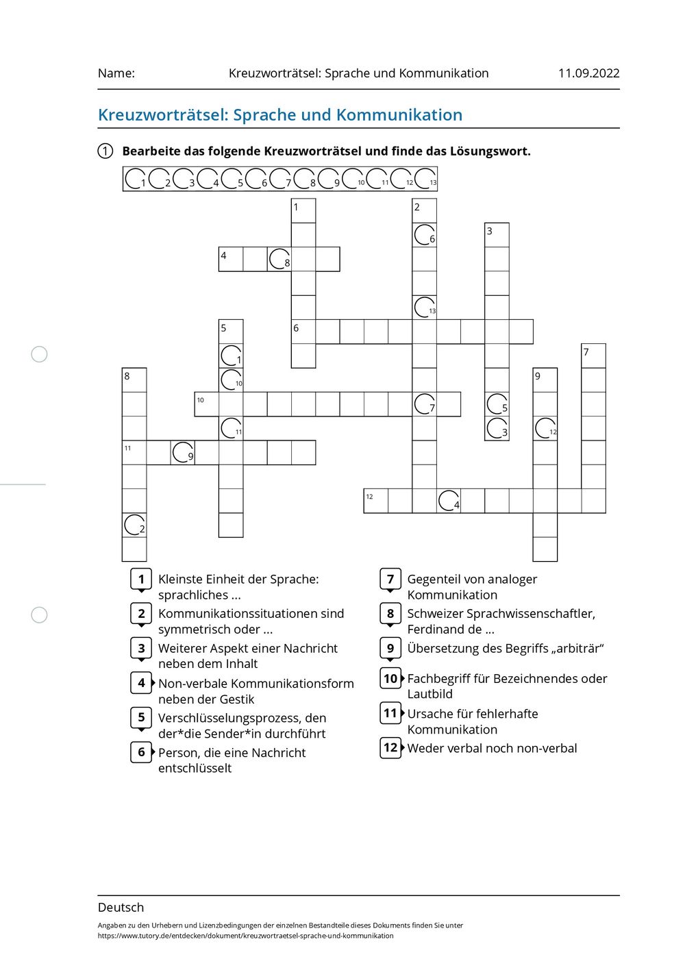 Arbeitsblatt - Kreuzworträtsel: Sprache und Kommunikation - Deutsch ...