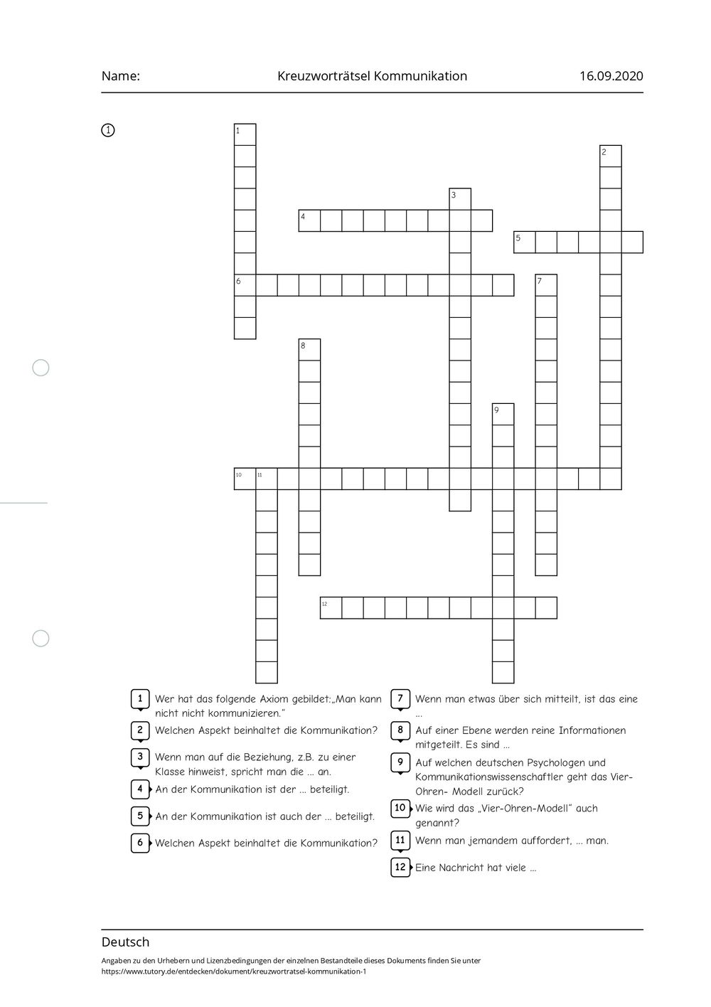 Arbeitsblatt - Kreuzworträtsel Kommunikation - Deutsch - tutory.de