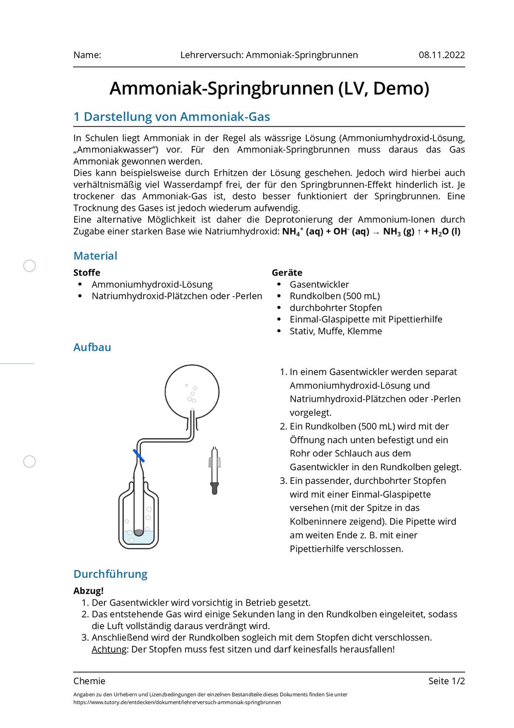 Arbeitsblatt Lehrerversuch AmmoniakSpringbrunnen Chemie tutory.de