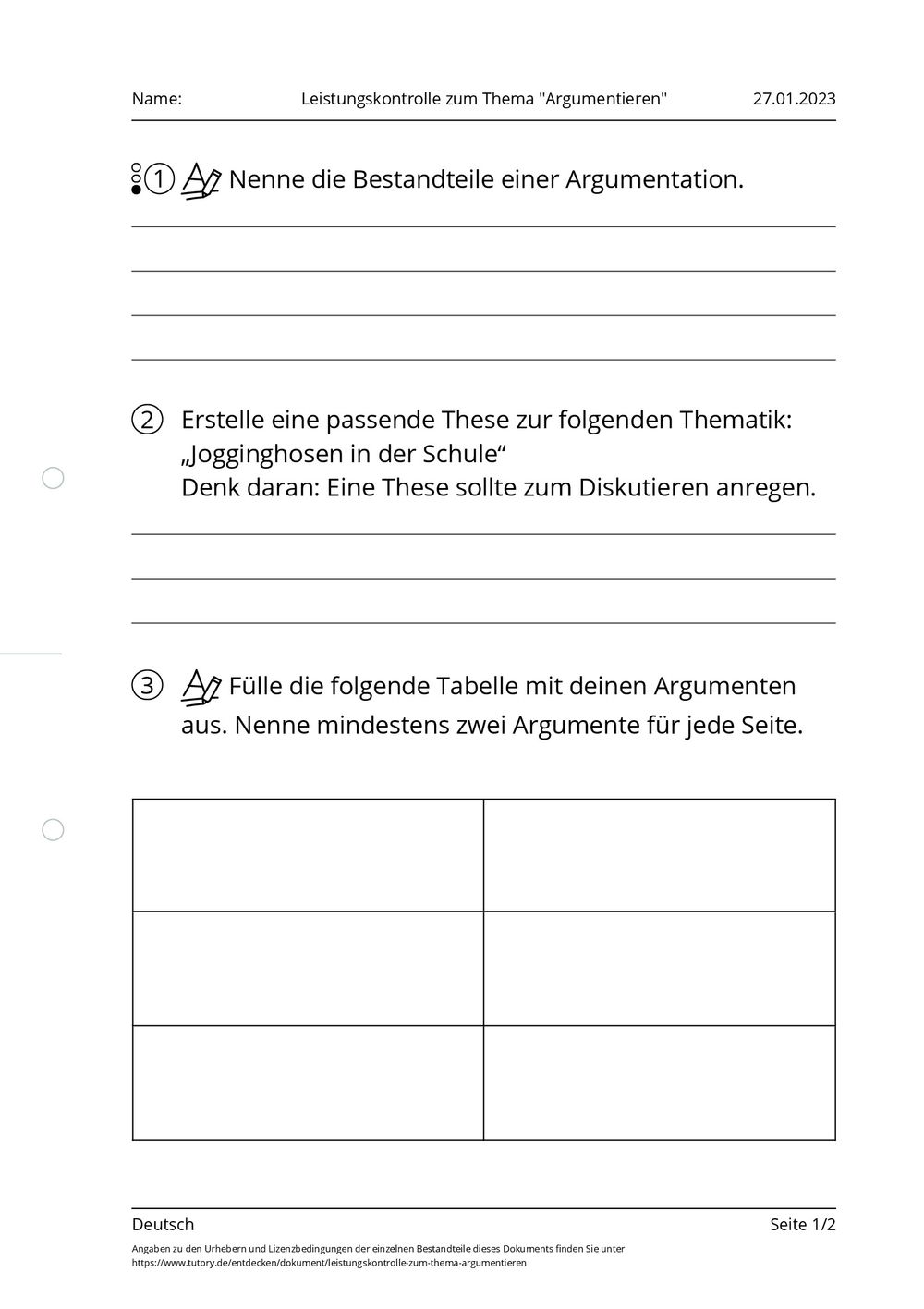 Argumentieren Klasse 7 übungen Pdf Kostenlos Arbeitsblatt - Leistungskontrolle zum Thema "Argumentieren" - Deutsch