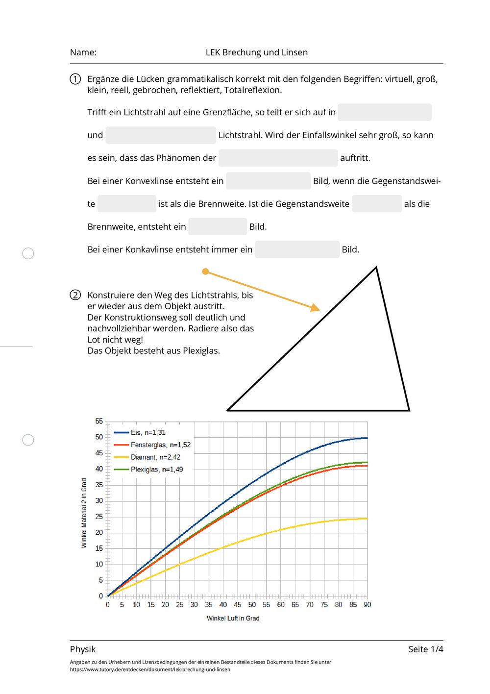 Arbeitsblätter Zu Linsen Und Brechung Arbeitsblatt - LEK Brechung und Linsen - Physik - tutory.de