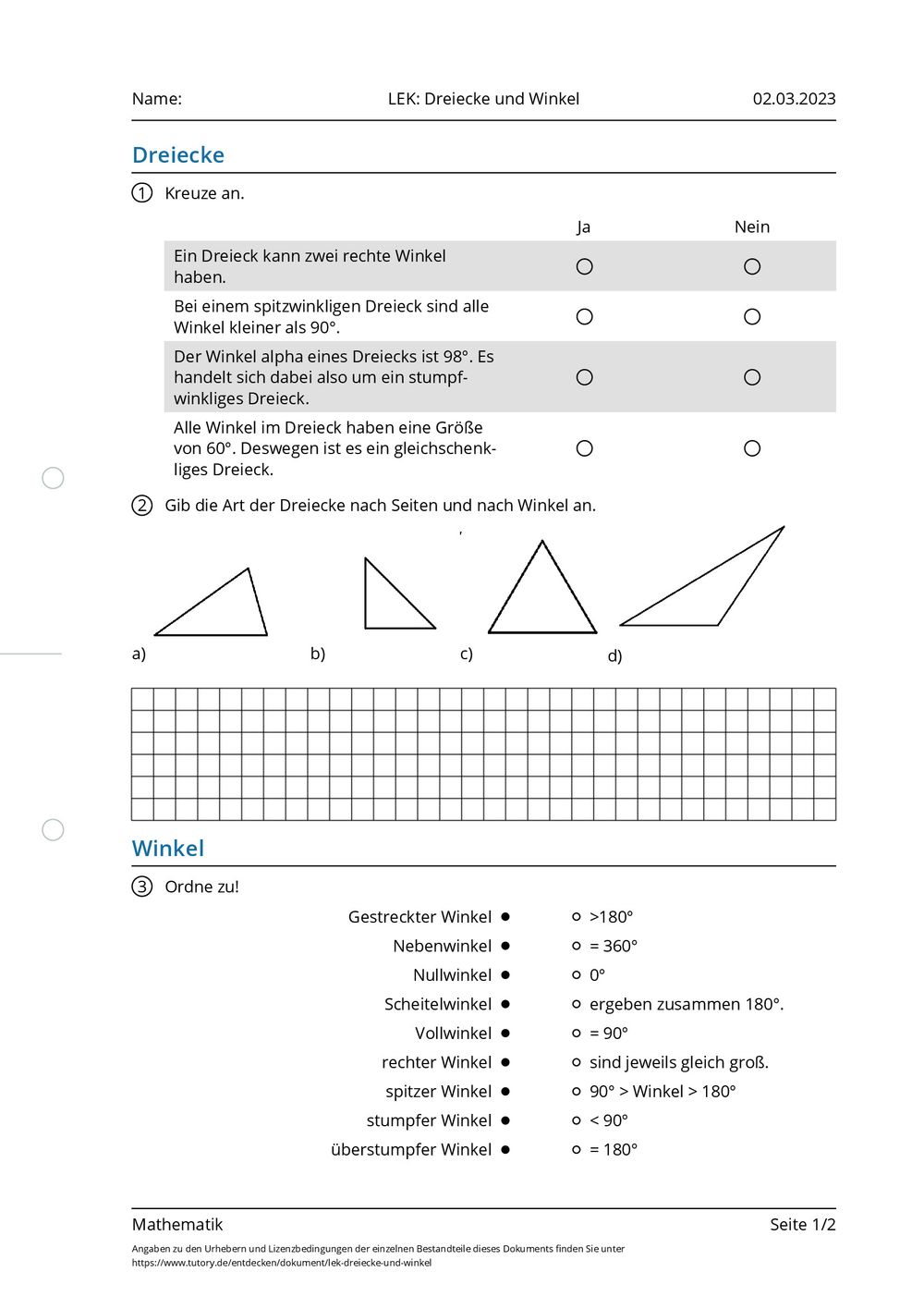 Klassenarbeit Mathe Klasse 6 Winkel Und Dreiecke Arbeitsblatt - LEK: Dreiecke und Winkel - Mathematik - tutory.de