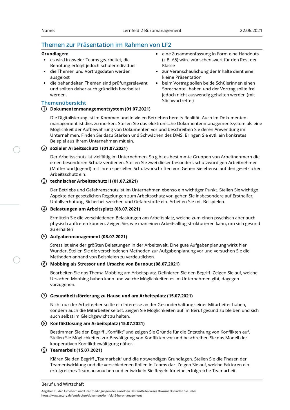 Arbeitsblatt - Lernfeld 2 Büromanagement - Beruf und Wirtschaft - tutory.de