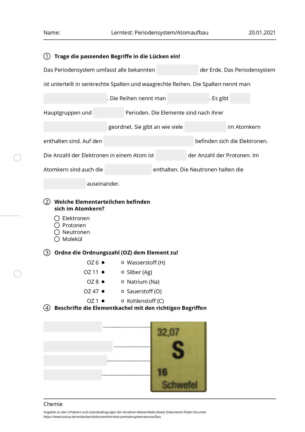 Atombau Und Periodensystem Arbeitsblatt Lösung Arbeitsblatt - Lerntest: Periodensystem/Atomaufbau - Chemie - tutory.de