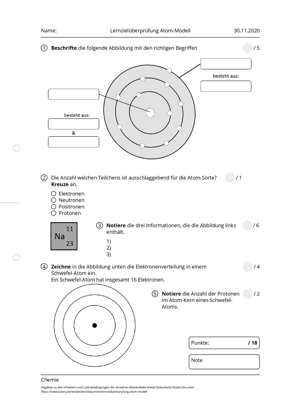 Arbeitsblatt - Lernzielüberprüfung Atom-Modell - Chemie - tutory.de