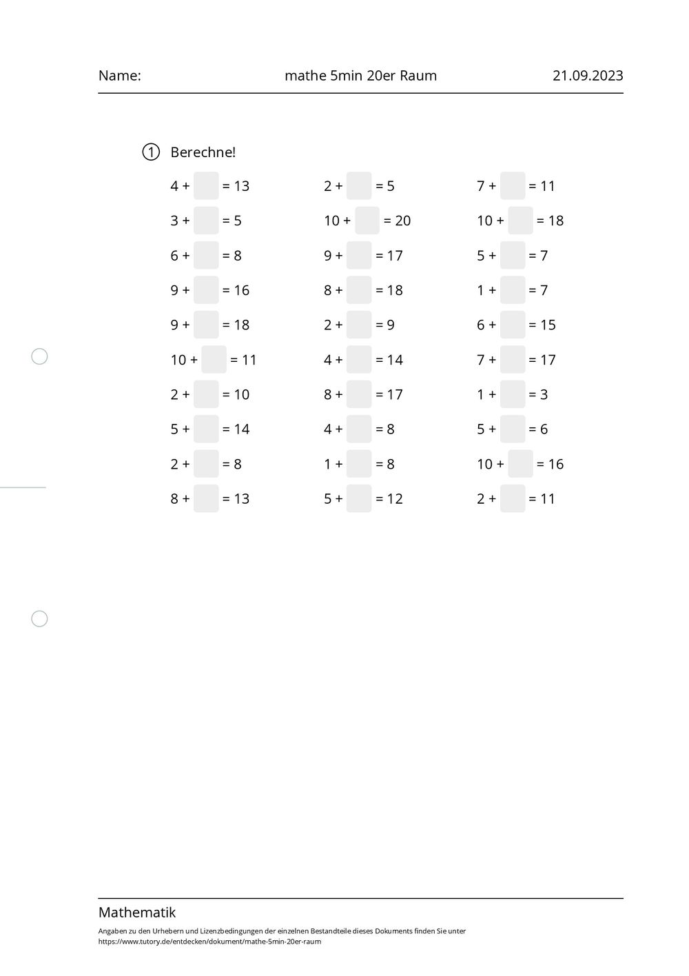 Arbeitsblatt mathe 5min 20er raum mathematik tutory de