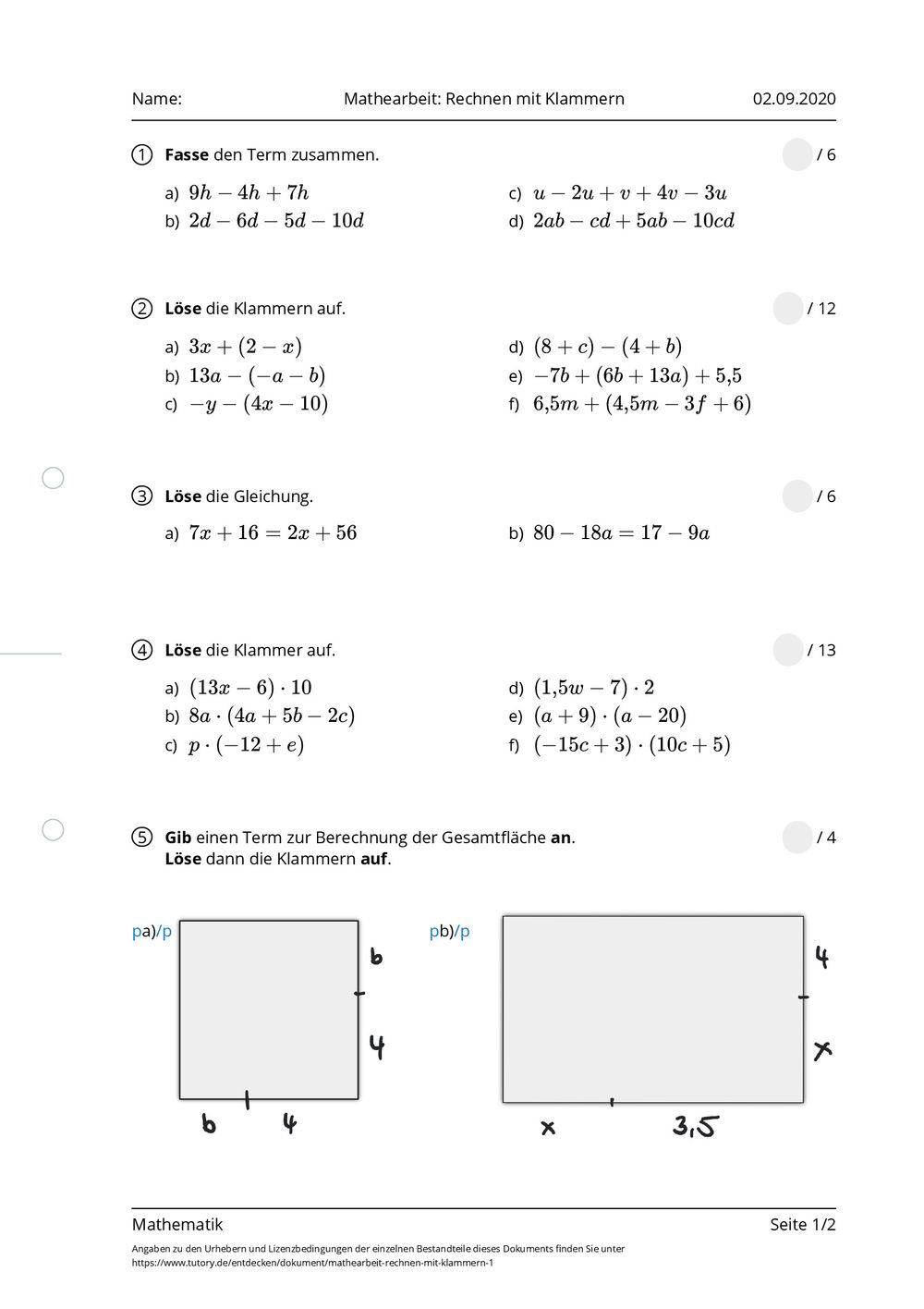 Rechnen Mit Klammern übungen Mit Lösungen Pdf Arbeitsblatt - Mathearbeit: Rechnen mit Klammern - Mathematik - tutory.de
