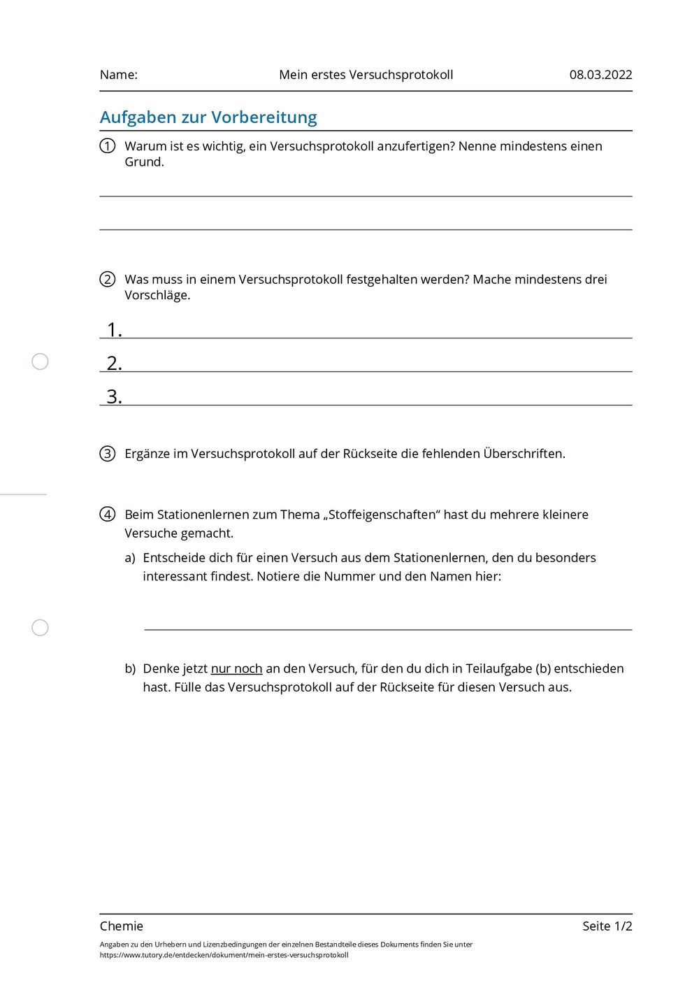 Wie Schreibt Man Ein Versuchsprotokoll Arbeitsblatt - Mein erstes Versuchsprotokoll - Chemie - tutory.de