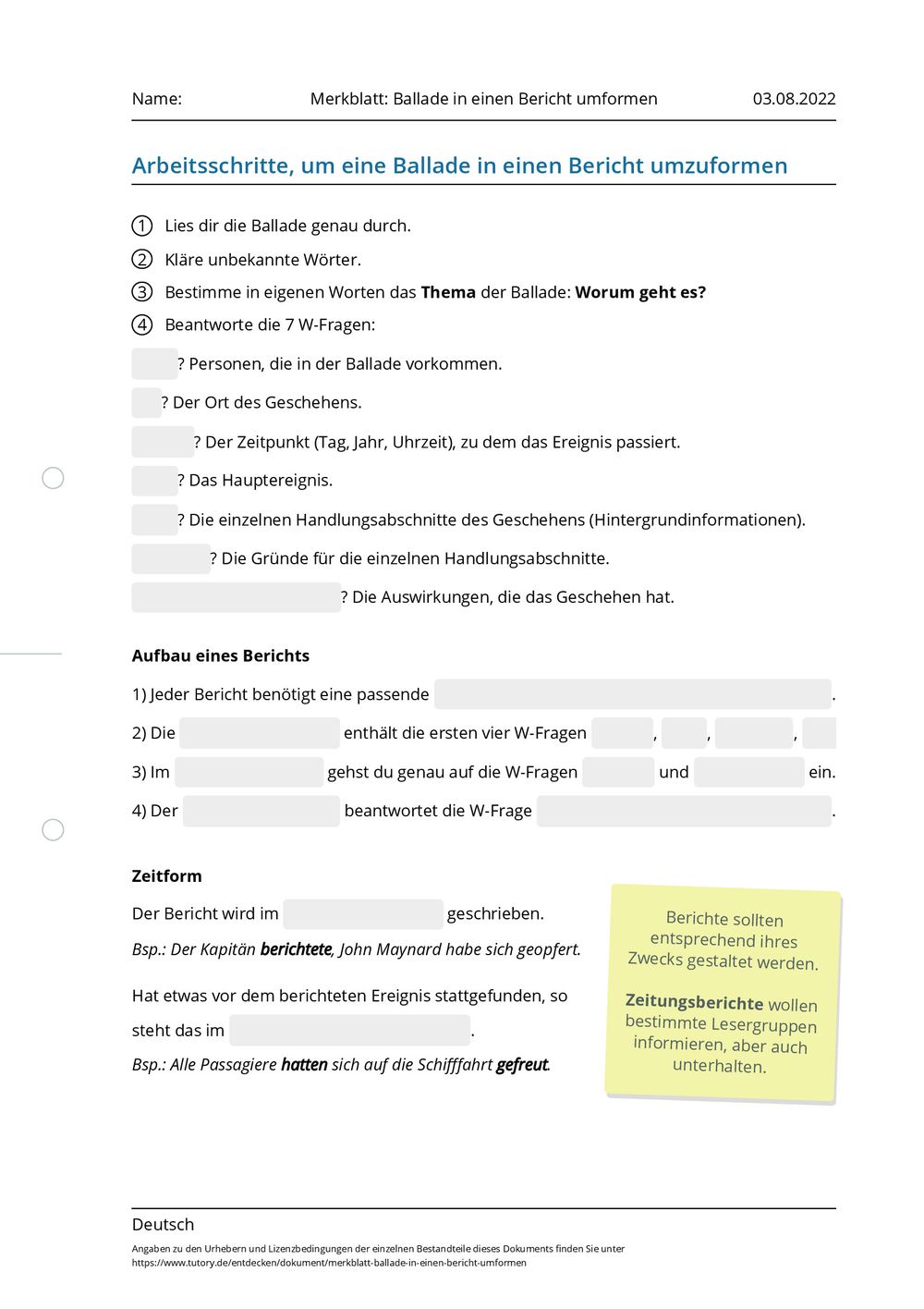 Bericht Schreiben 6 Klasse übungen Kostenlos Arbeitsblatt - Merkblatt: Ballade in einen Bericht umformen - Deutsch