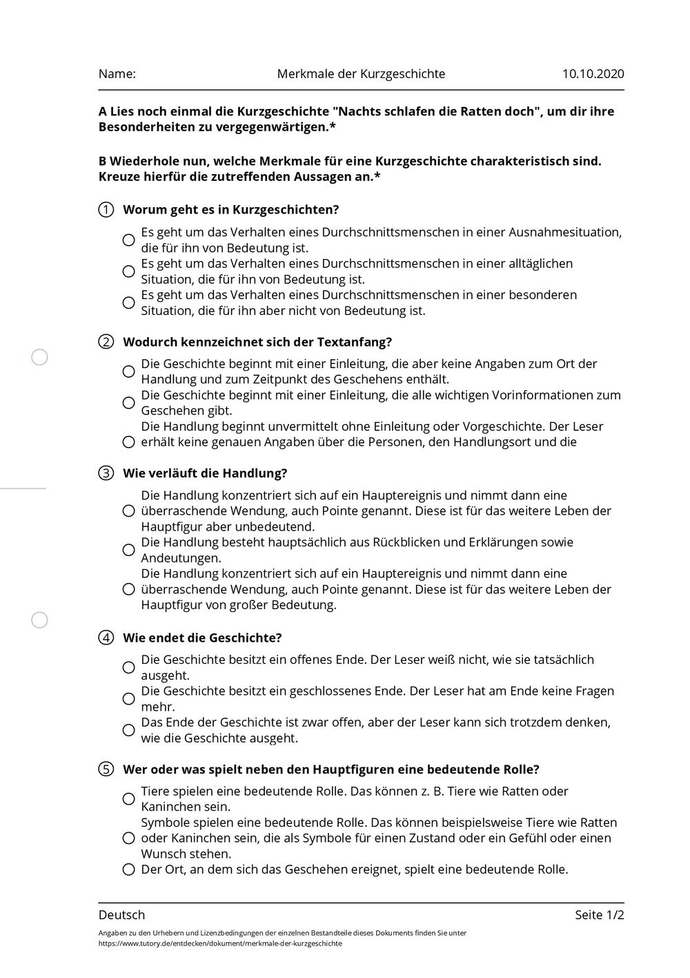 Arbeitsblatt Merkmale der Kurzgeschichte Deutsch tutory.de