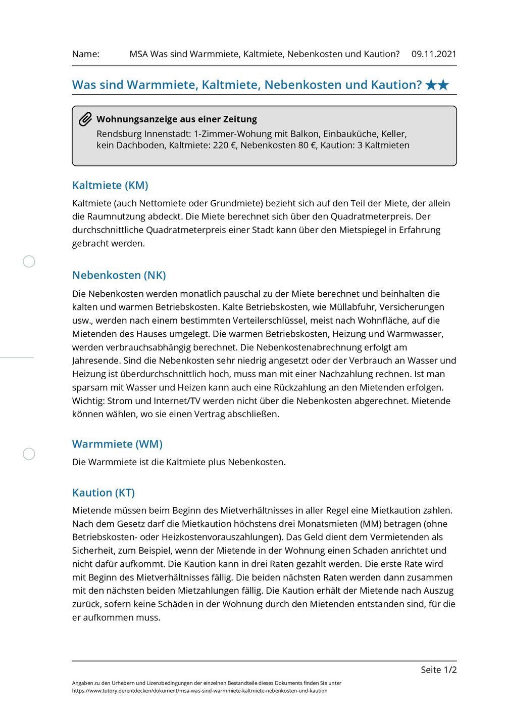 Arbeitsblatt MSA Was sind Warmmiete, Kaltmiete, Nebenkosten und Kaution? tutory.de