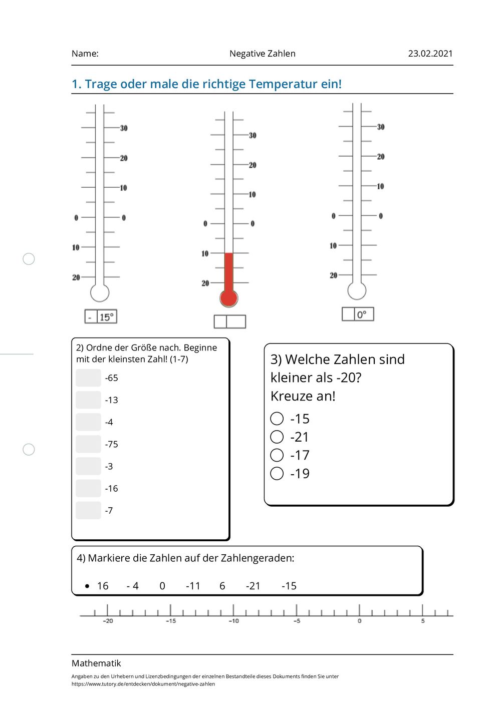 Arbeitsblatt - Negative Zahlen - Mathematik - tutory.de