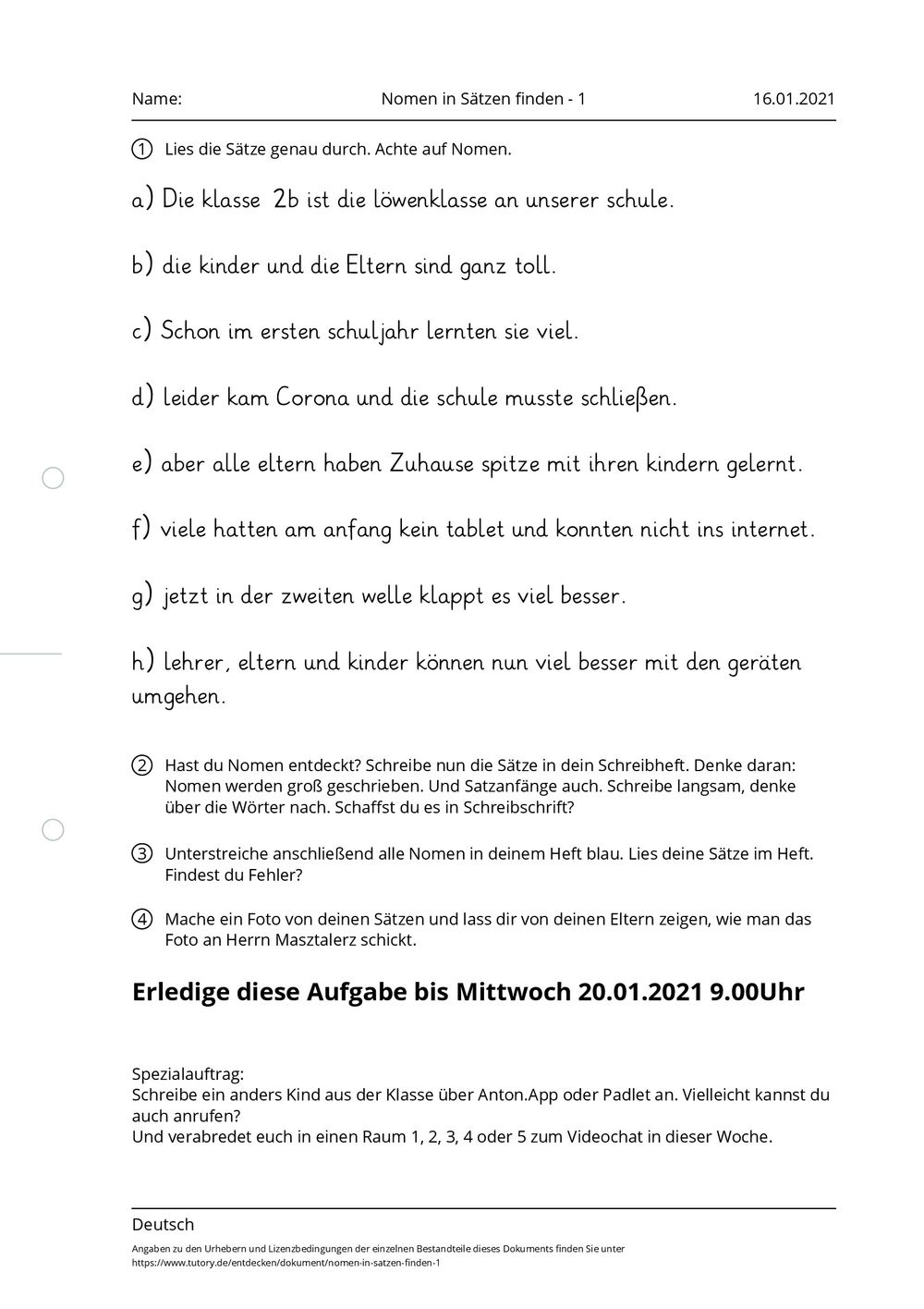 Arbeitsblatt - Nomen in Sätzen finden - 1 - Deutsch - tutory.de