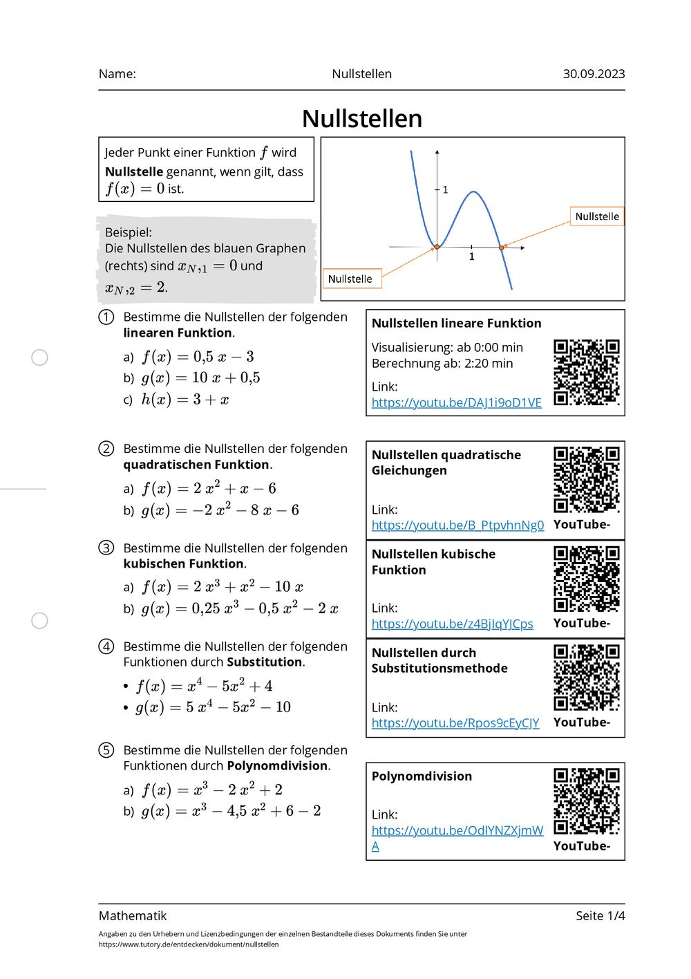Ehochx +x Nullstellen Arbeitsblatt - Nullstellen - Mathematik - tutory.de