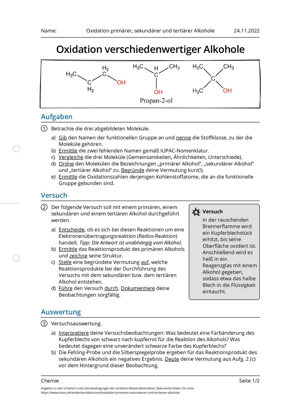 Arbeitsblatt - Oxidation primärer, sekundärer und tertiärer Alkohole
