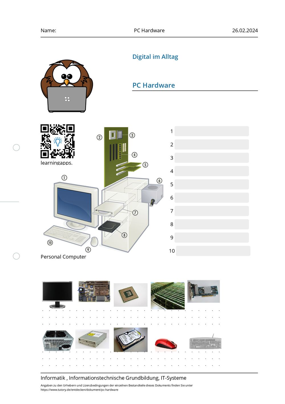 Arbeitsblatt pc hardware informatik informationstechnische