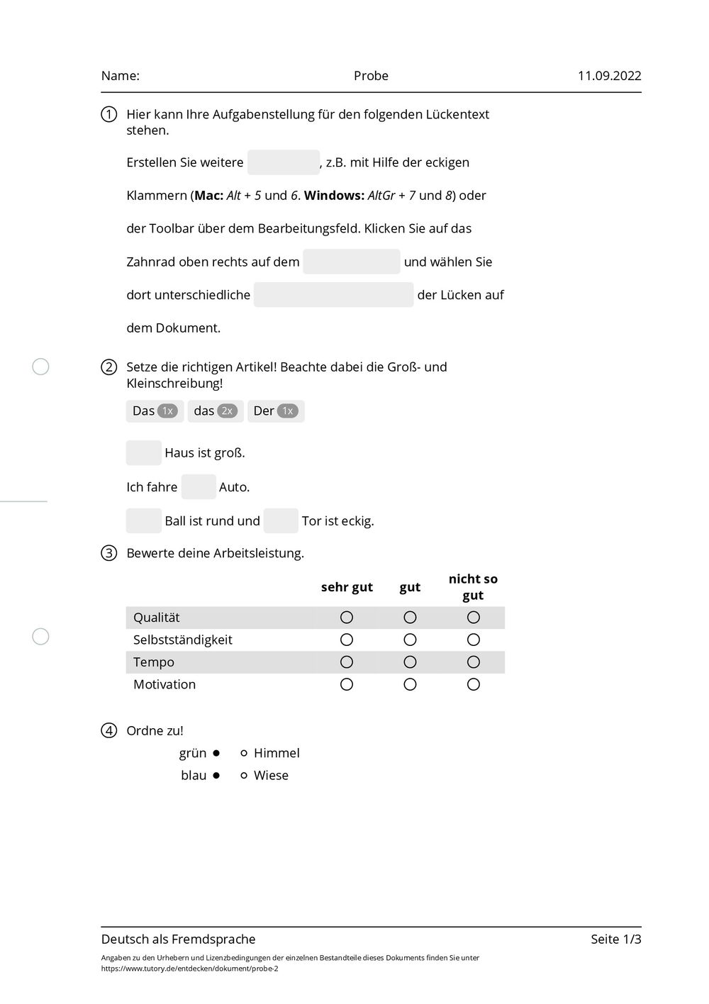 Arbeitsblatt Probe Deutsch als Fremdsprache tutory.de