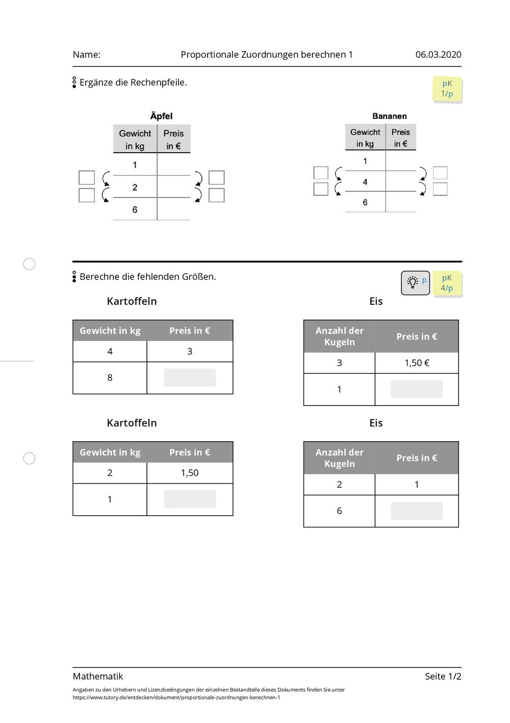 Proportionale Zuordnung Aufgaben Mit Lösungen Pdf Arbeitsblatt - Proportionale Zuordnungen berechnen 1 - Mathematik
