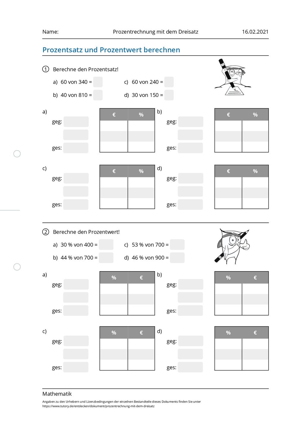 Arbeitsblatt - Prozentrechnung mit dem Dreisatz - Mathematik - tutory.de