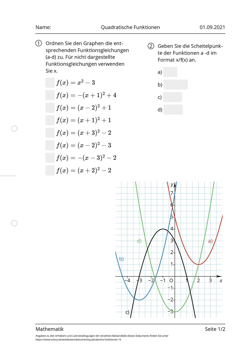 Aufgaben Quadratische Funktionen Mit Lösungen Arbeitsblatt - Quadratische Funktionen - Mathematik - tutory.de
