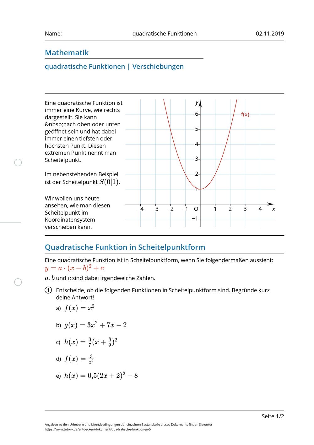 Aufgaben Quadratische Funktionen Mit Lösungen Arbeitsblatt - quadratische Funktionen - tutory.de