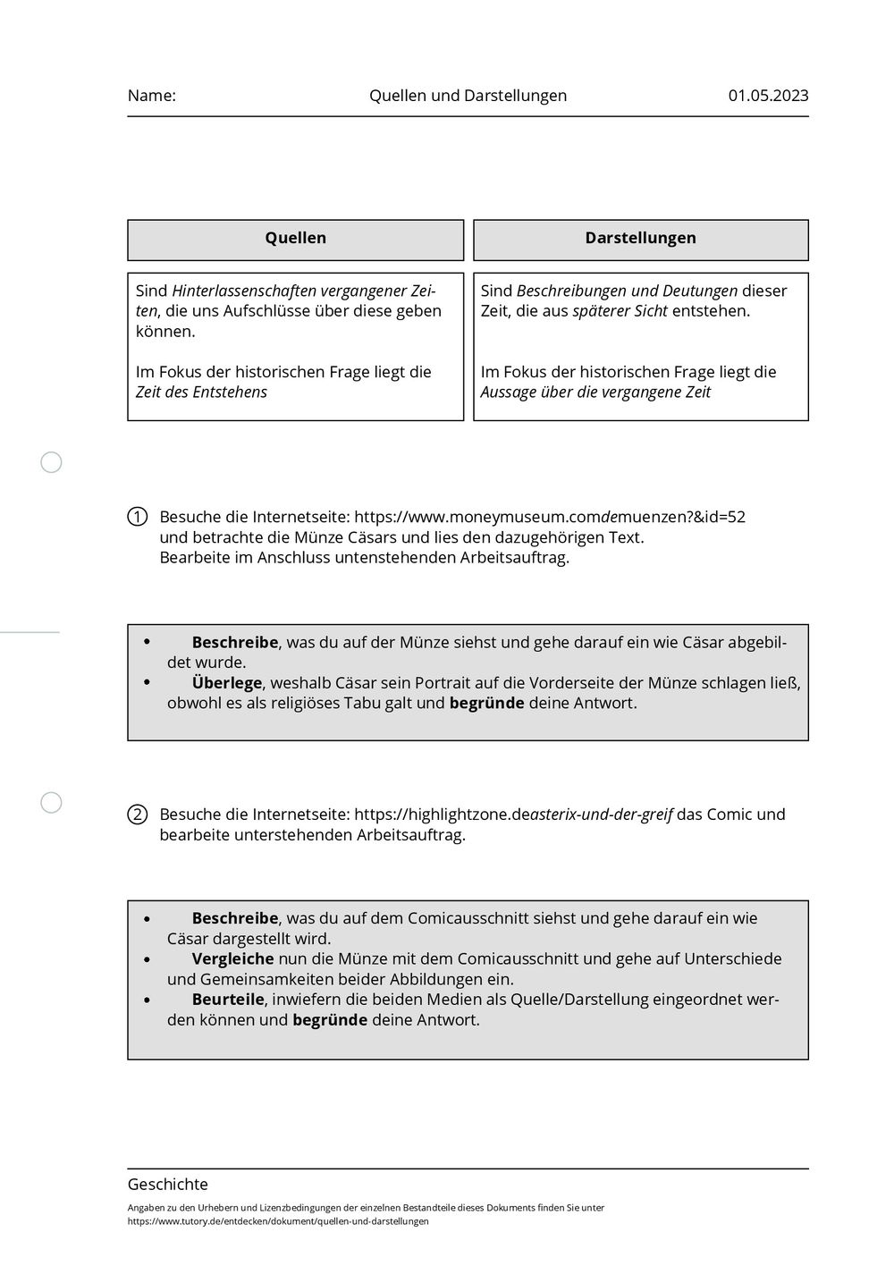 Arbeitsblatt - Quellen Und Darstellungen - Geschichte - Tutory.de