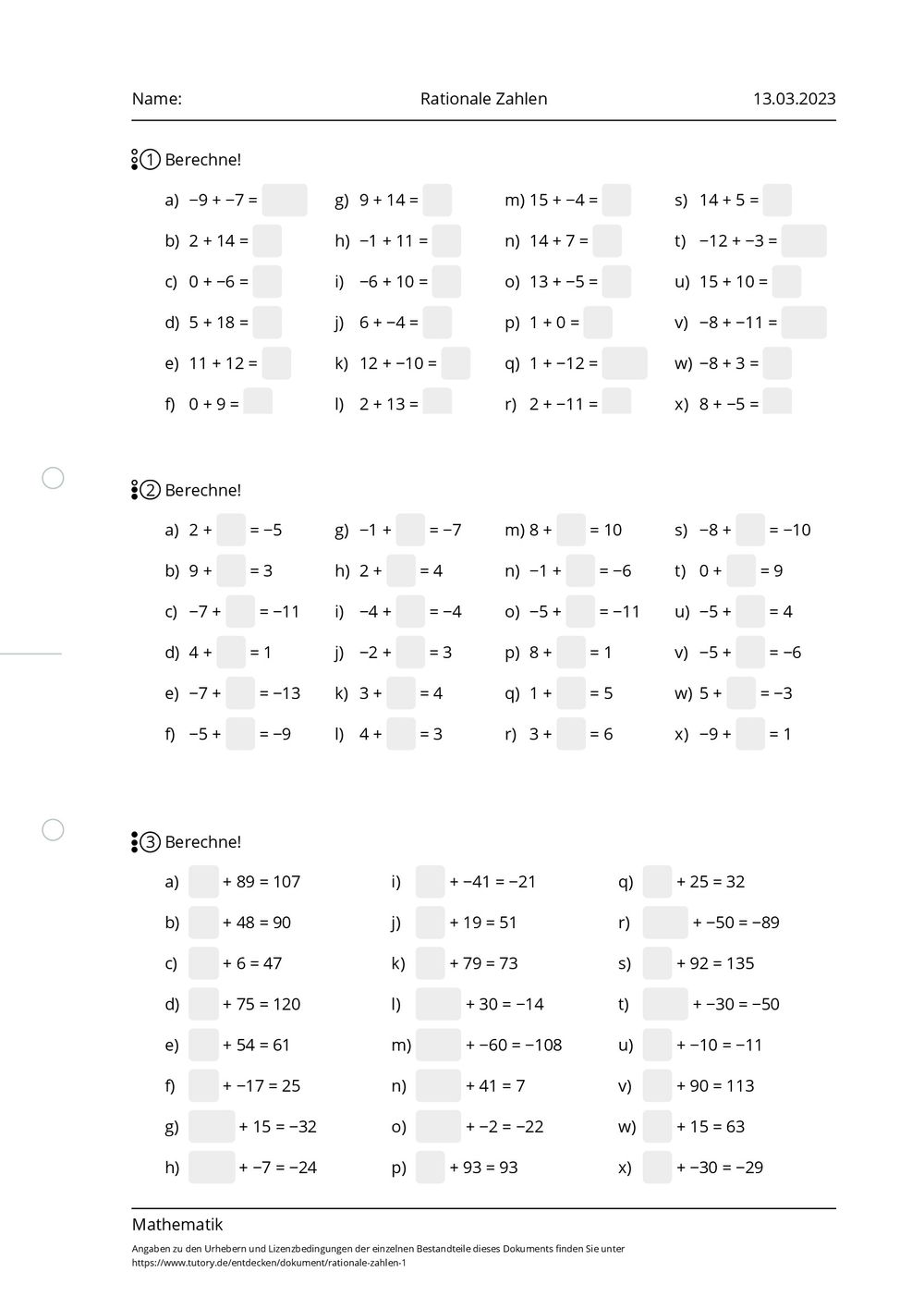 Rationale Zahlen übungen Klasse 7 Zum Ausdrucken Arbeitsblatt - Rationale Zahlen - Mathematik - tutory.de