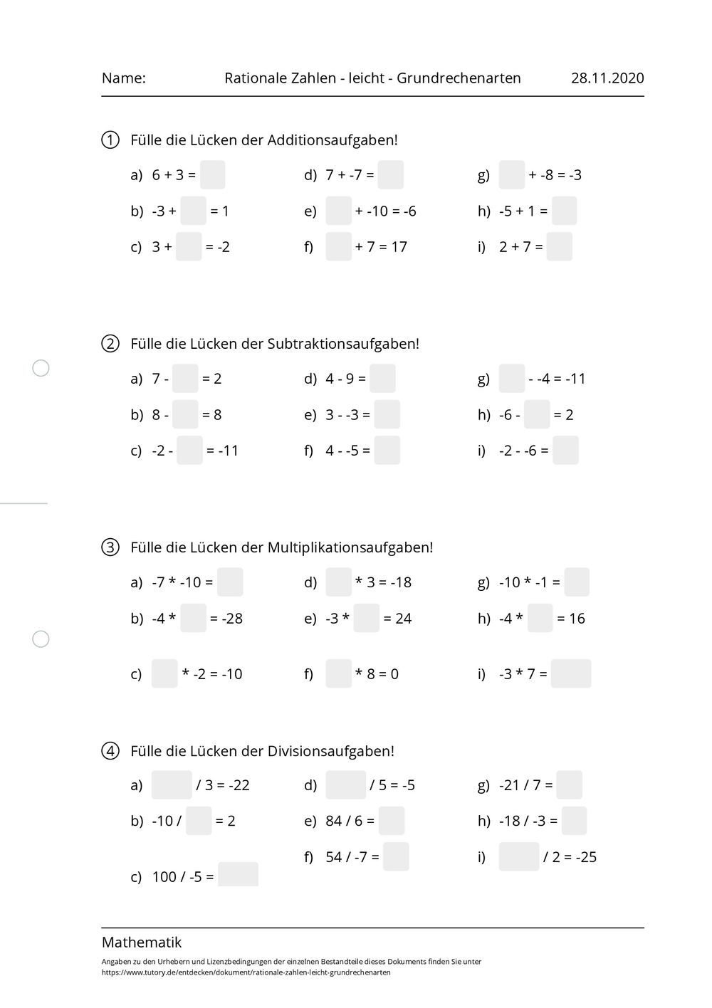 Arbeitsblatt Rationale Zahlen leicht Grundrechenarten Mathematik tutory.de Arbeitsblatt Rationale Zahlen leicht Grundrechenarten Mathematik tutory.de